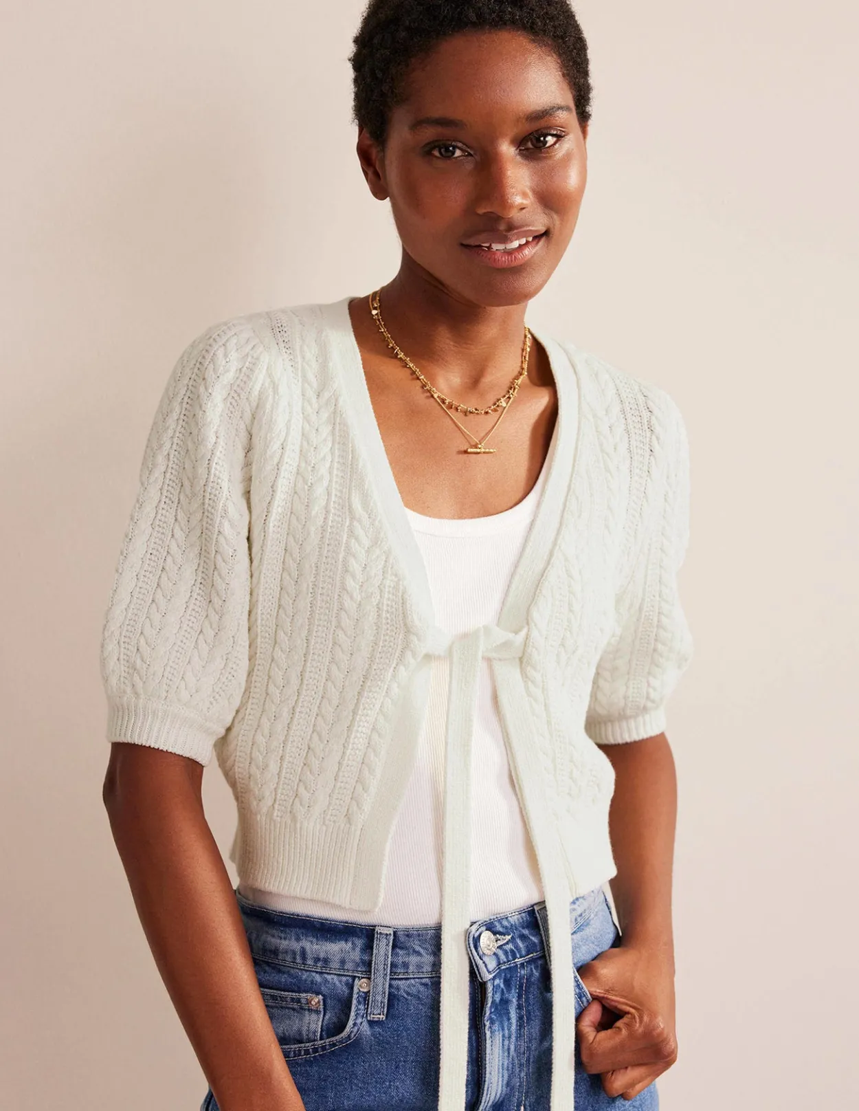 Shop Bow-Trim Cropped Cardigan Women Jumpers & Cardigans