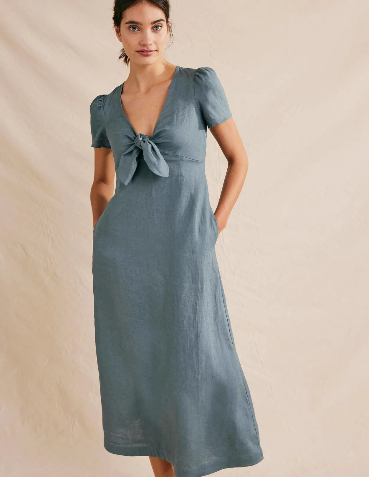 Flash Sale Tie Front Linen Midi Dress Women Dresses